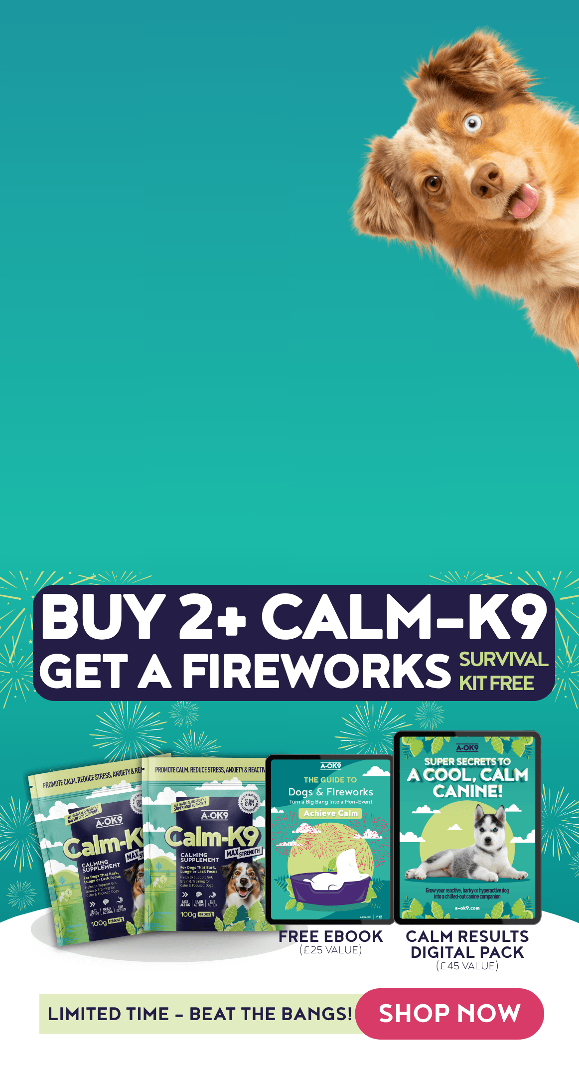 Advertisement for Calm-K9 dog products with a dog on a teal background